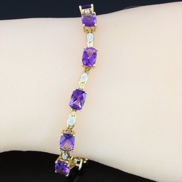 Vintage 10K Yellow Gold Purple Amethyst Diamond Anniversary Birthstone Bracelet - Picture 8 of 9